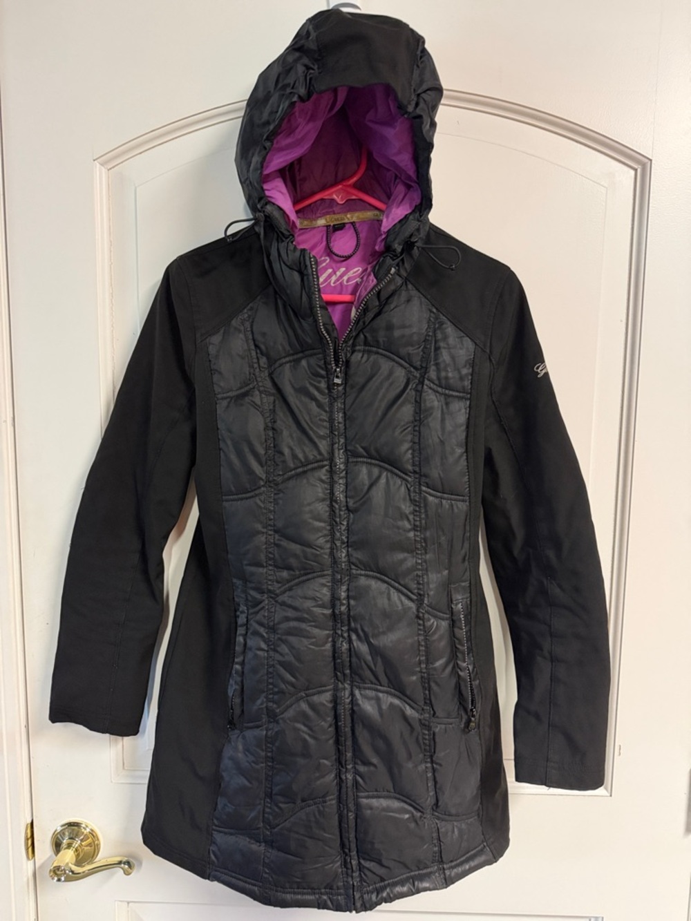 Guess Black Puffer Coat with Purple Hood Lining